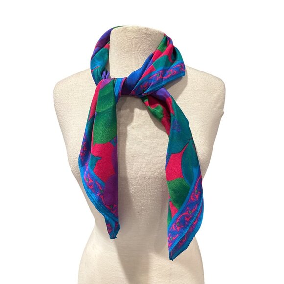 Vintage Square Scarf With Bold Floral Print In Red Purple & Blue Lightweight Pol - Picture 1 of 3